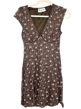 Y2K Babydoll Floral Mesh Mini Dress Brown M Boho Indie Folk Mod Retro Festival